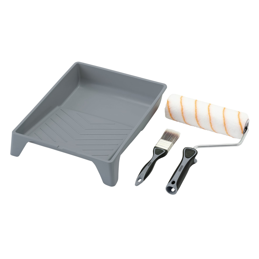 Draper 9" ROLLER BRUSH TRAY SET - P/M Medium Pile Polyester Paint Roller and Brush Set with Soft Grip (4 Piece)