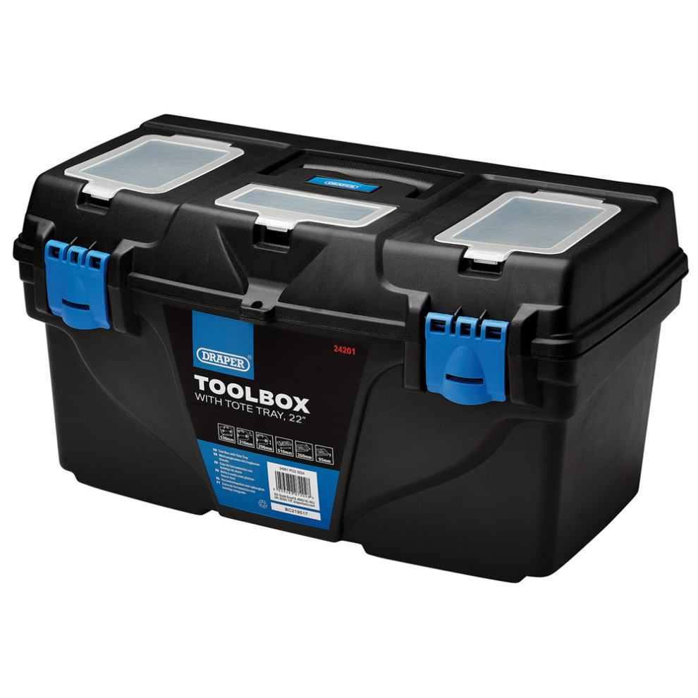 Draper 22" PLASTIC TOOLBOX WITH TRAY Plastic Toolboxes with Tote Tray