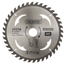 Draper TCT SAW BLADE 216MM 40T CONS 26258 TCT Construction Circular Saw Blade, 216 x 30mm