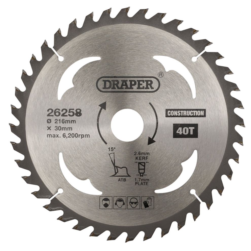 Draper Tct Saw Blade 216Mm 40T Cons 26258 Tct Construction Circular Saw Blade, 216 X 30Mm
