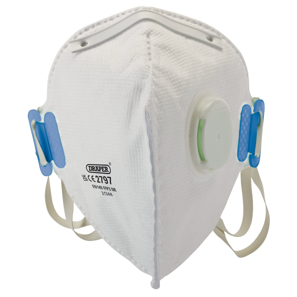 Draper Ffp3 Fold Flat Dust Mask Box10 Fpp3 Nr Vertical Fold Flat Face Masks With Valve (Pack Of 10) 5059482070280