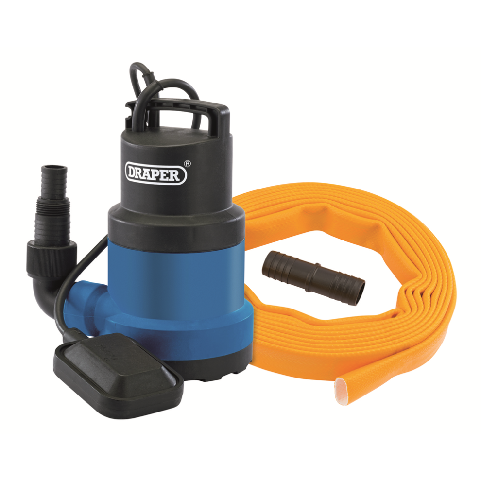Draper 191L CW SUB PUMP/LAY FLAT HOSE 12429 12429 Submersible Clean Water Pump with Float Switch and Layflat Hose, 191L/min, 550W