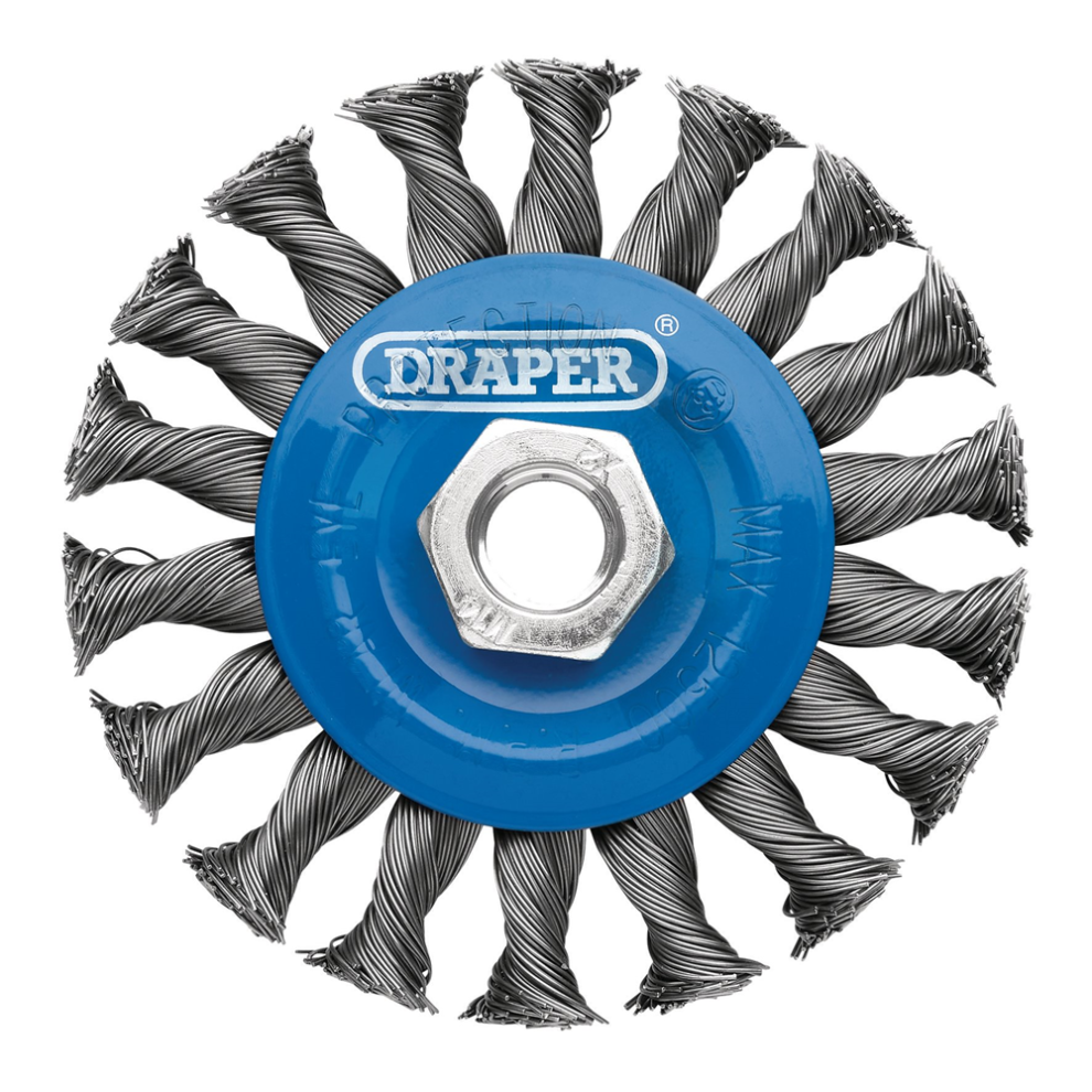 Draper TWISTKNOT WIRE WHEEL 100MM M14 08055 Steel Twist-Knot Flat Wire Wheel Brushes, M14