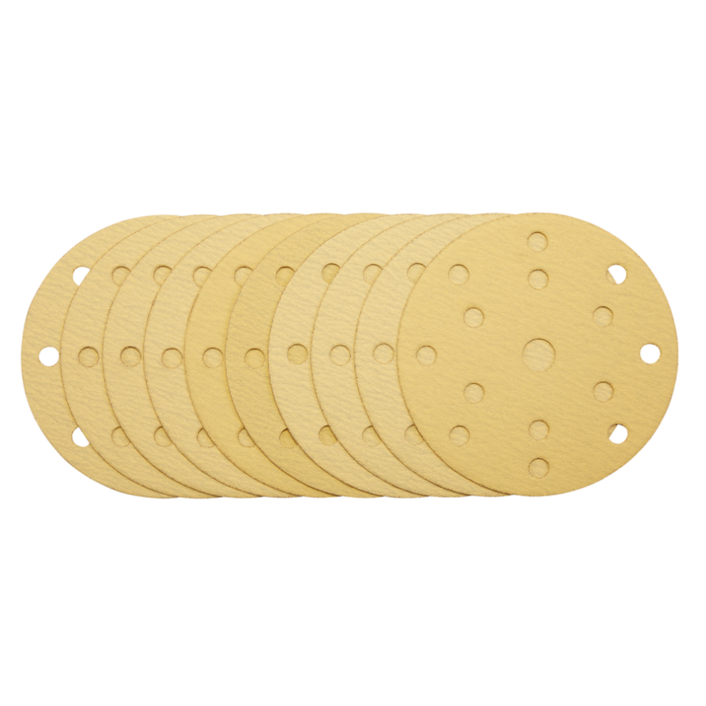 Draper 150MM GOLD SAND DISC 120G 15DE 08473 Gold Sanding Discs with Hook & Loop, 150mm, 15 Dust Extraction Holes (Pack of 10)