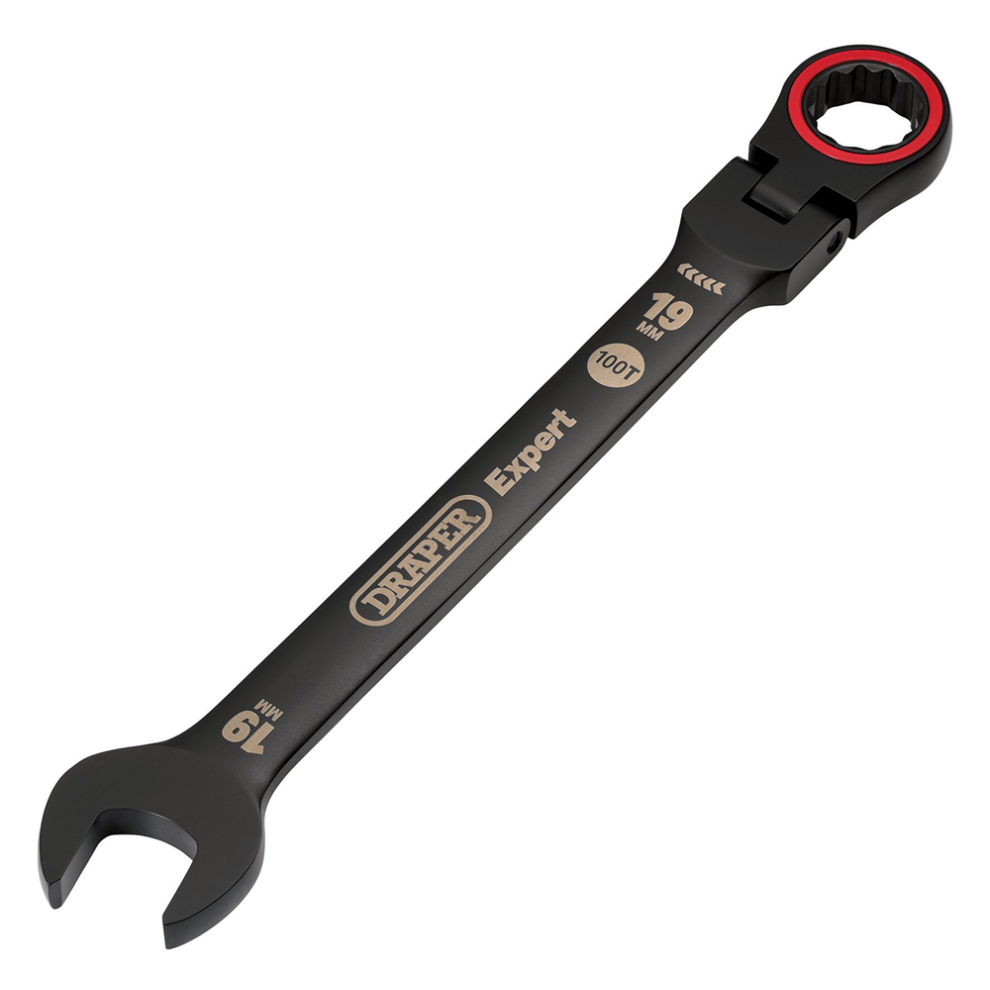 Draper 19MM FLEX HEAD RATCHET SPANNER 03926 HI-TORQÂ Metric Flexible Head Ratchet Combination Spanners, Black