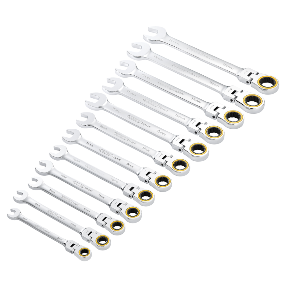 Draper 12PC FLEX HEAD RATCHET SPANNER 03932 HI-TORQÂ Metric Flexible Head Ratchet Combination Spanner Set (12 Piece)