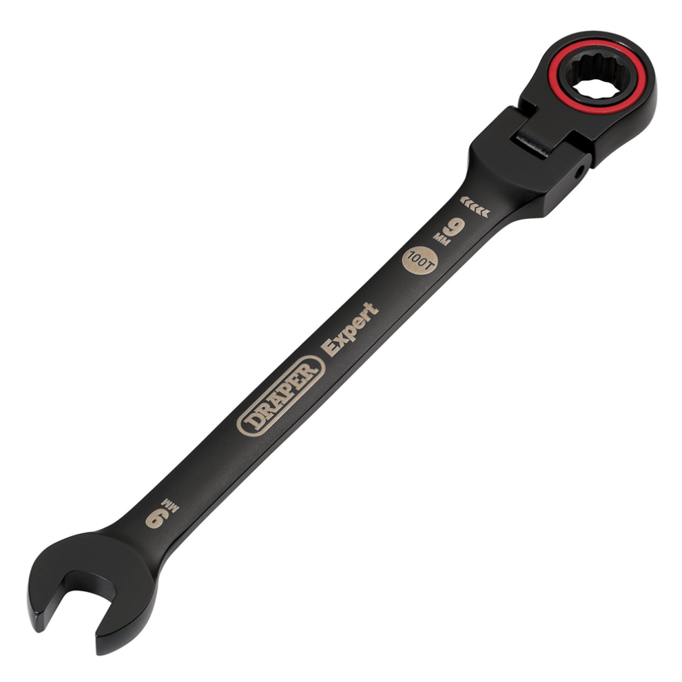Draper 9MM FLEX HEAD RATCHET SPANNER 03915 HI-TORQÂ Metric Flexible Head Ratchet Combination Spanners, Black