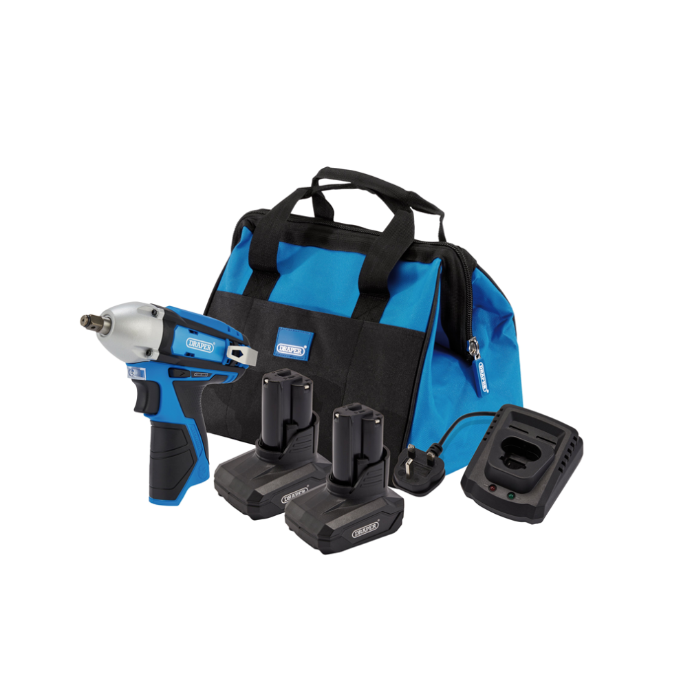 Draper 12V IMPACT WRENCH KIT 4AH 12V Impact Wrench Kit, 2 x 4.0Ah, 1 x Fast Charger, 1 x Tool Bag