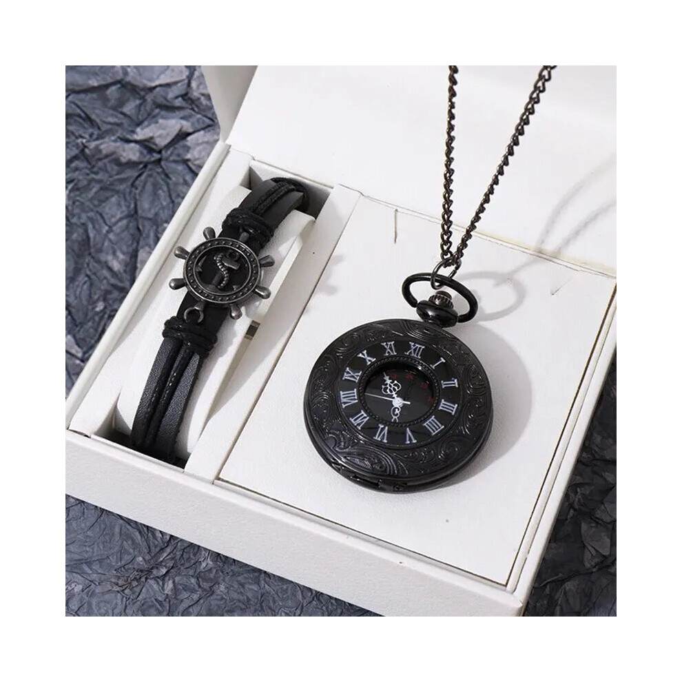 Quartz Pocket Watch Pendant Chain Mens Women Leather Bracelet