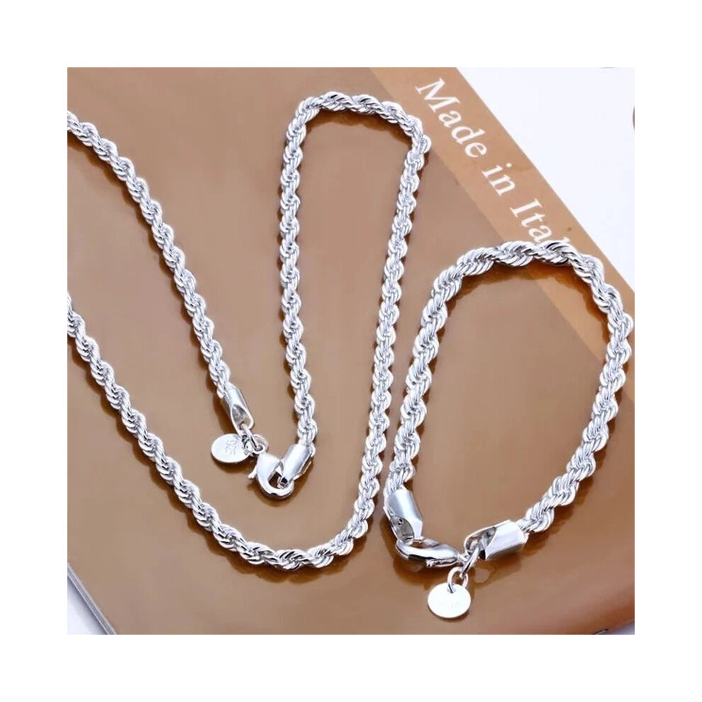 (60CM and 20cm) 925 Silver 4mm Womens Mens Chain Twisted Rope Necklace Bracelets Set