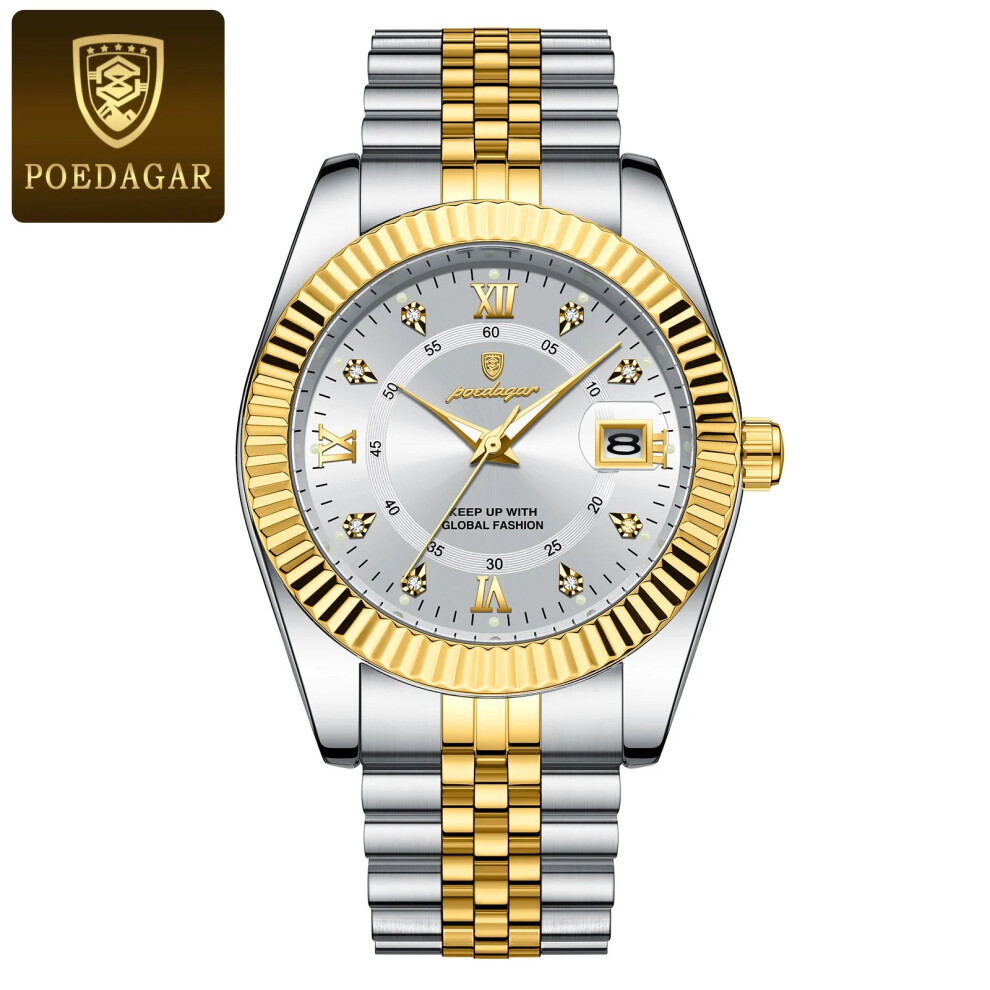 (910 Gold White) Luxury Sport Wristwatch Waterproof Luminous Stainless Steel Mens Quartz Watch