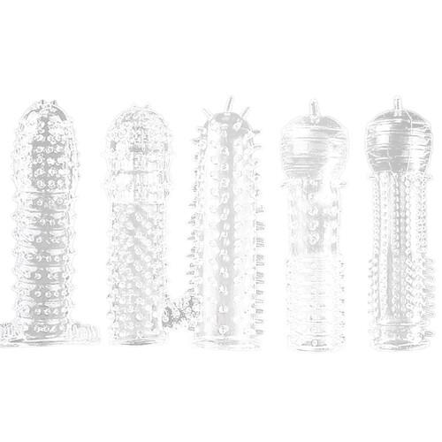 Reusable Ribbed Penis Sleeve Enhancer - 5X Pack, Transparent 1