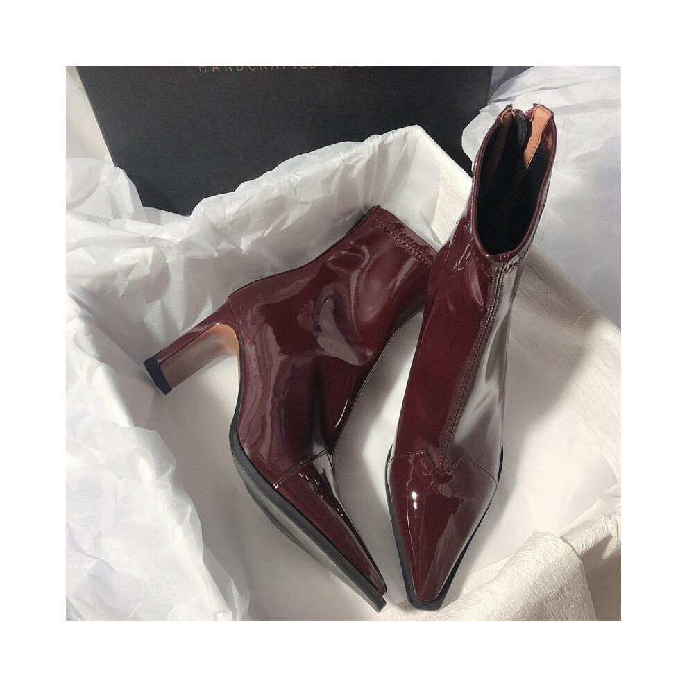 (Burgundy, 37) Beautiful Autumn Winter Ankle Boots With Stylish Thick Heel And Soft Faux Leather For Women