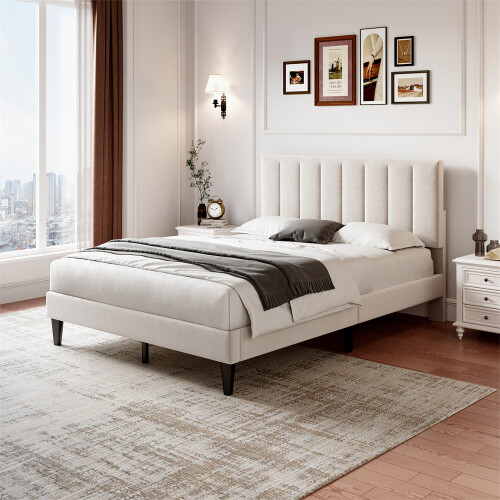 (Beige ) 4ft6 Upholstered Velvet Bed Frame with Mute Foam