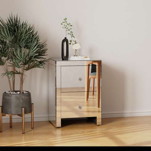 Comfy Living Large Mirrored Bedside Table with 2 Drawers With Crystal Handles