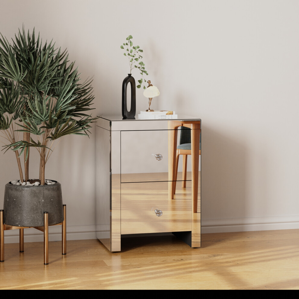 Large Mirrored Bedside Table with 2 Drawers With Crystal Handles