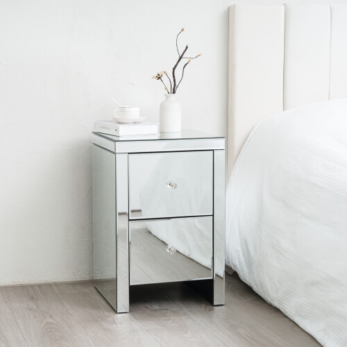 Comfy Living Large Mirrored Bedside Table with 2 Drawers With Crystal Handles 2