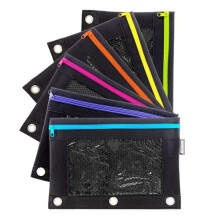 Bazic 809 Noir Neon 3-Ring Pencil Pouch with Mesh Window, Black