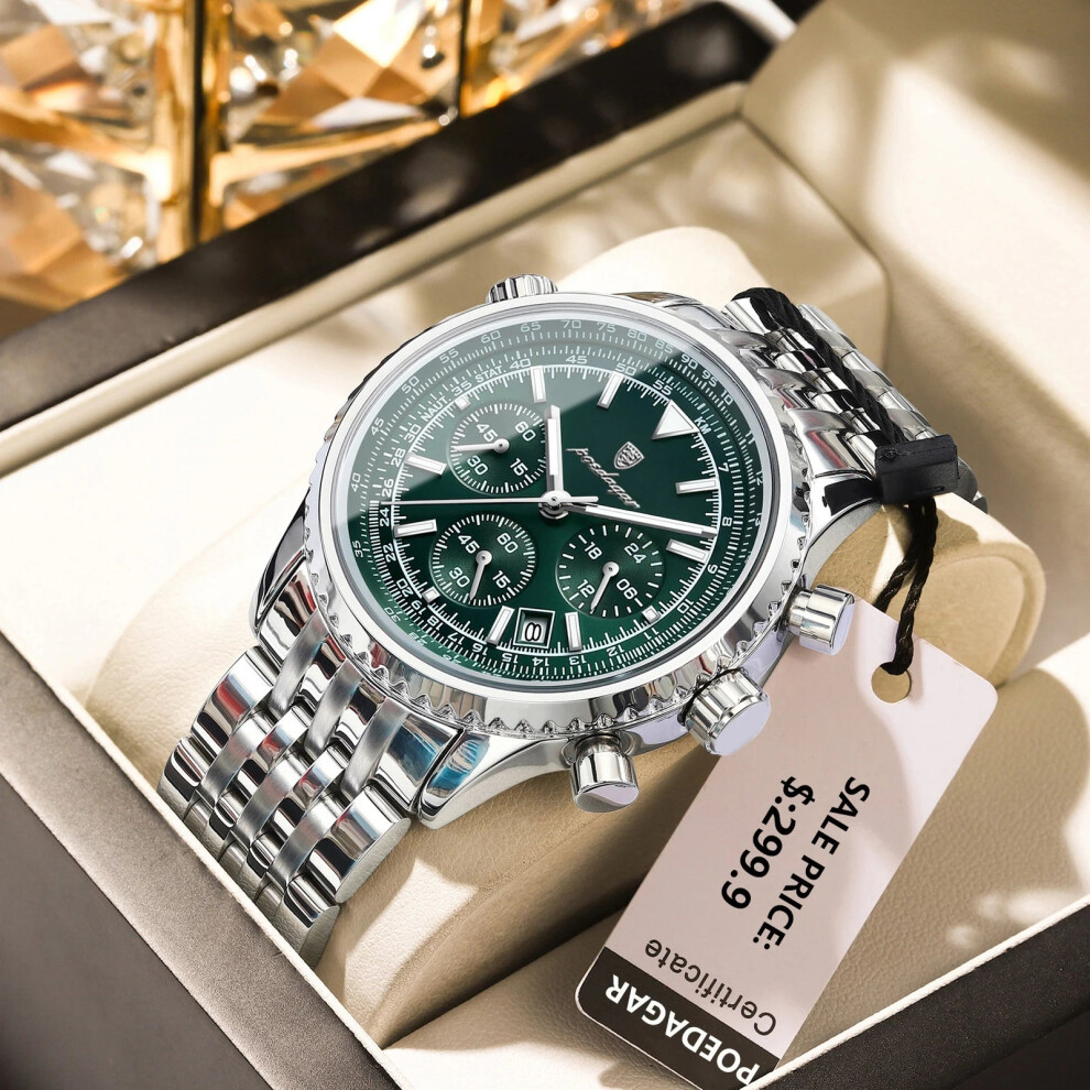 (960 Silver Green) Mens Military Watch Waterproof Luminous Chronograph Stainless Steel Wristwatch