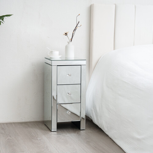 Comfy Living Small Mirrored  Bedside Table with 3 Drawers And Crystal Handles 1