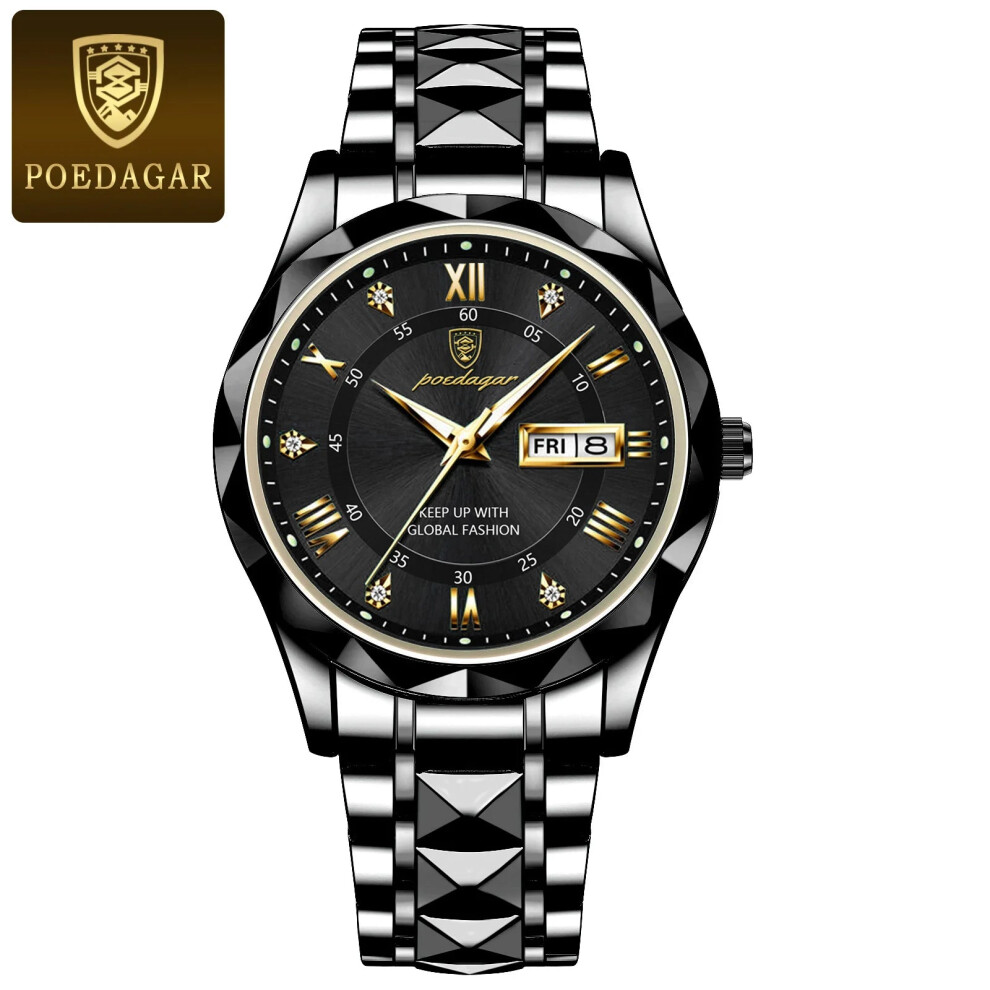 (Black Black) Luxury Man Wristwatch Waterproof Luminous Stainless Steel Quartz Mens Watch-image-OPC-PFDWBWK-NEW