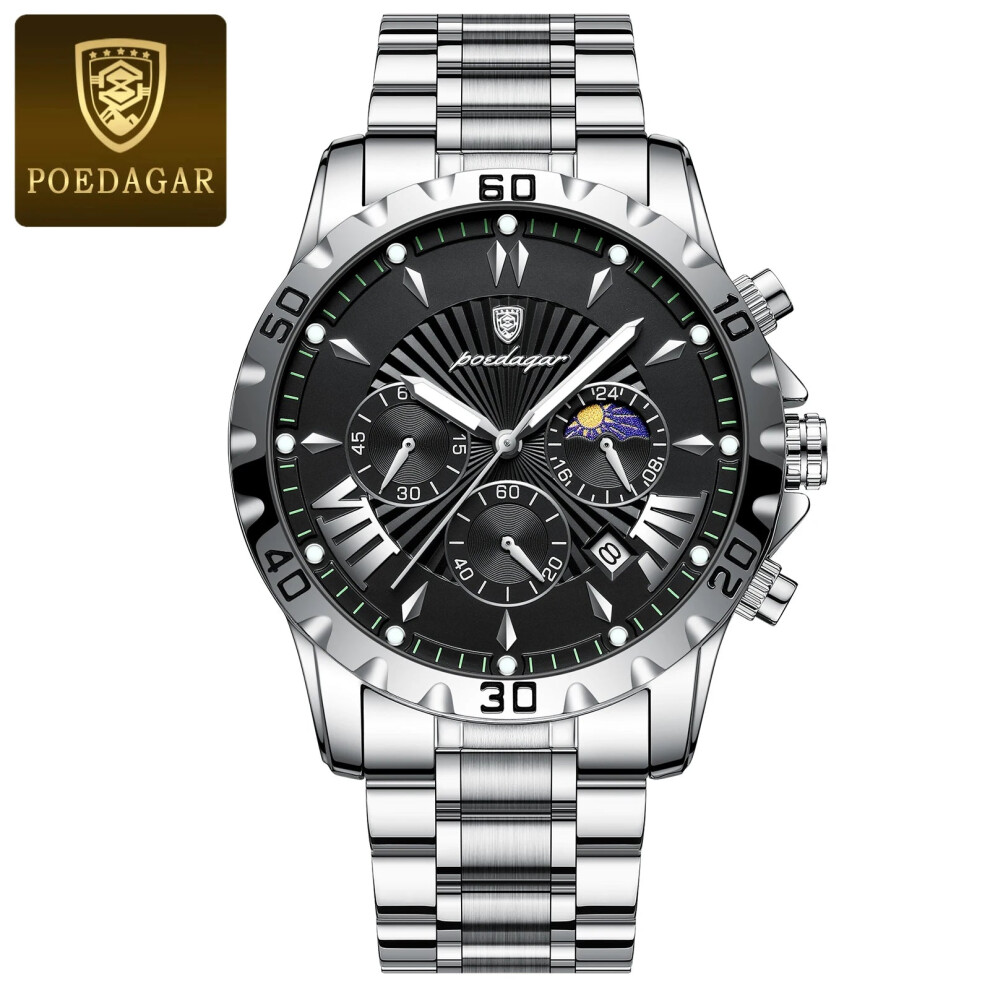 (968 Silver Black) Quartz Mens Watch Waterproof Luminous Chronograph Date Stainless Steel-image-OPC-PFDWF8K-NEW