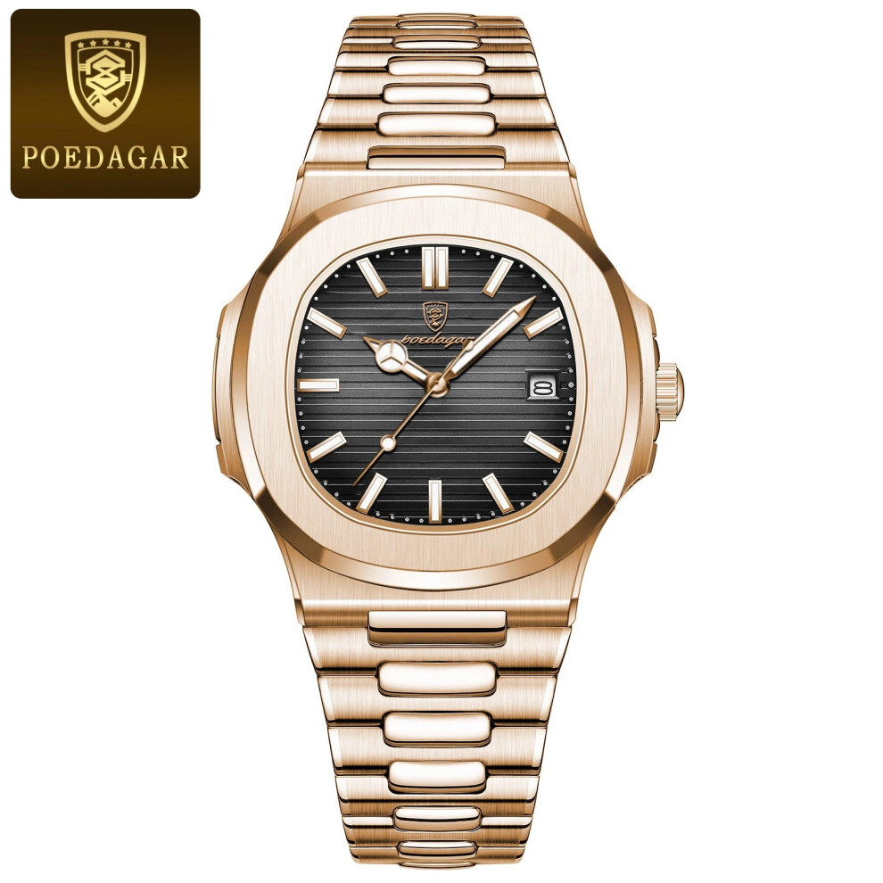 (Rose Gold Black) Mens Quartz Watch Waterproof Luminous Date Leather Casual Sports Square