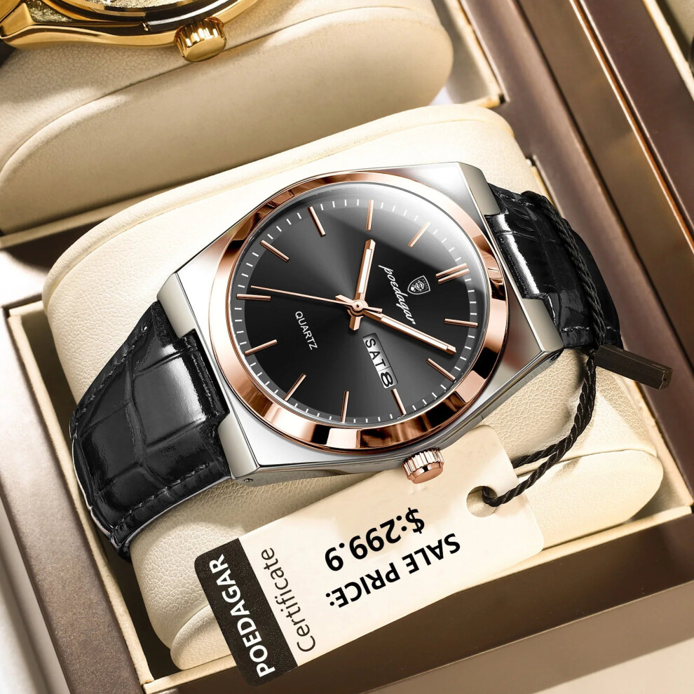 (930 Rose Gold Black) Luxury Watch Mens Military Leather Quartz Waterproof Luminous Wristwatch
