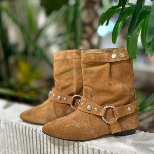 StyleD Lowcut Trendy Brown Suede Western Ankle Boots For Women With Highquality Pu Material on OnBuy