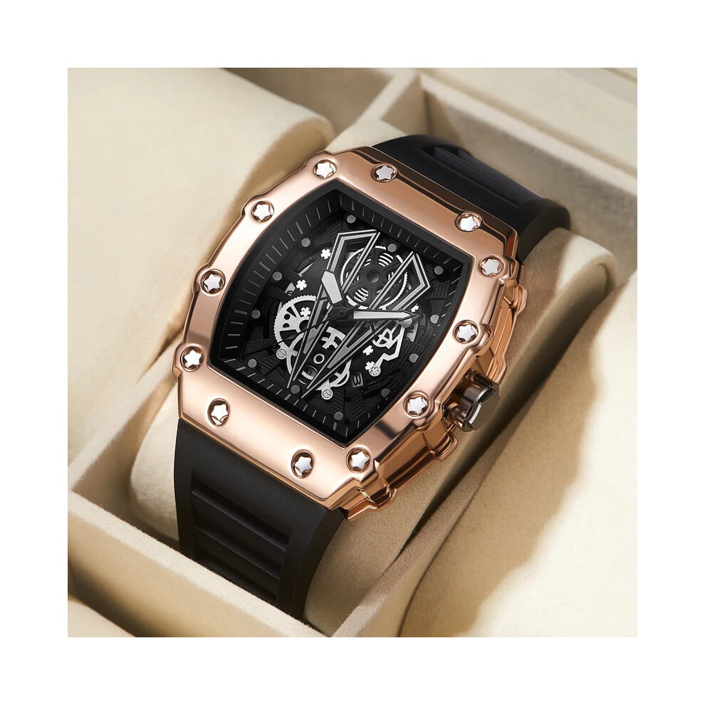 (Rose gold2) Mens Quartz Waterproof Sport Square Luminous Watch
