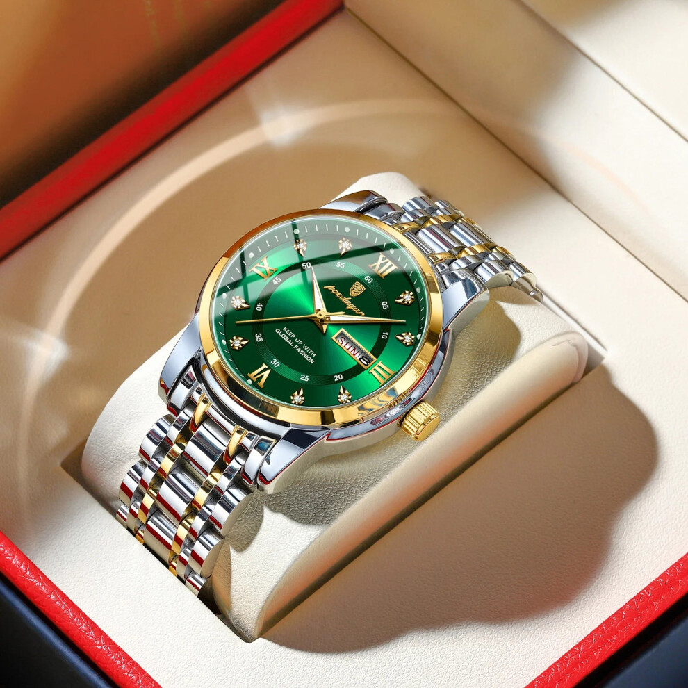 Poedagar (Gold Green) Elegant Mens Quartz Watch Waterproof Luminous Stainless Steel Wristwatch Green,Gold