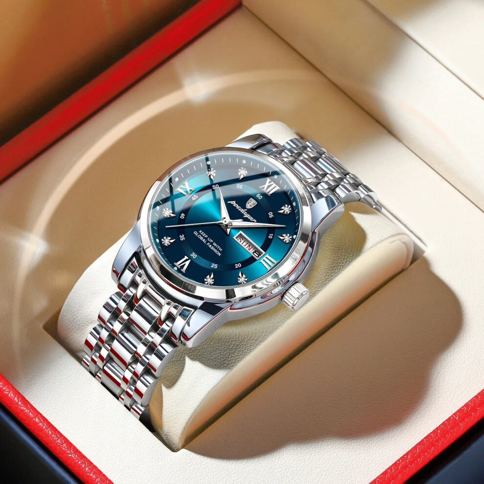 (Silver Blue) Elegant Mens Quartz Watch Waterproof Luminous Stainless Steel Wristwatch