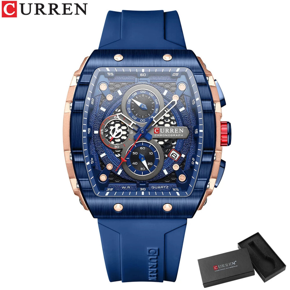 Curren ( Rose Box, China) Mens Square Quartz Wristwatch Waterproof Luminous Chronograph Watch Blue