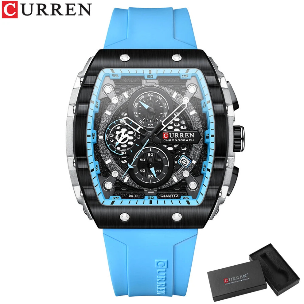 (sky blue box, CHINA) Mens Square Quartz Wristwatch Waterproof Luminous Chronograph Watch