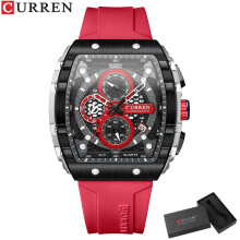 (red box, CHINA) Mens Square Quartz Wristwatch Waterproof Luminous Chronograph Watch