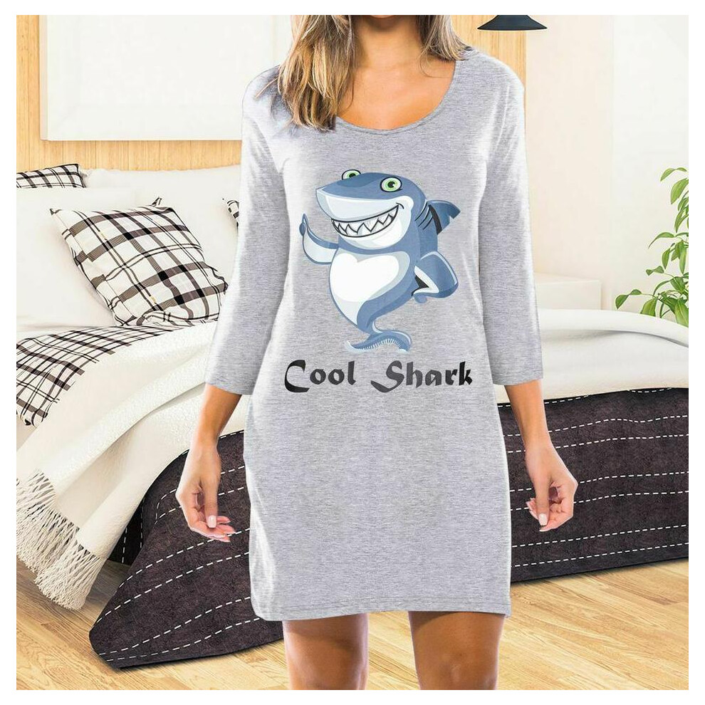 (Grey - Long Sleeve - Cool Shark, Small - UK 8 / 10) Women Nightdress Nightie Ladies Printed Nightwear