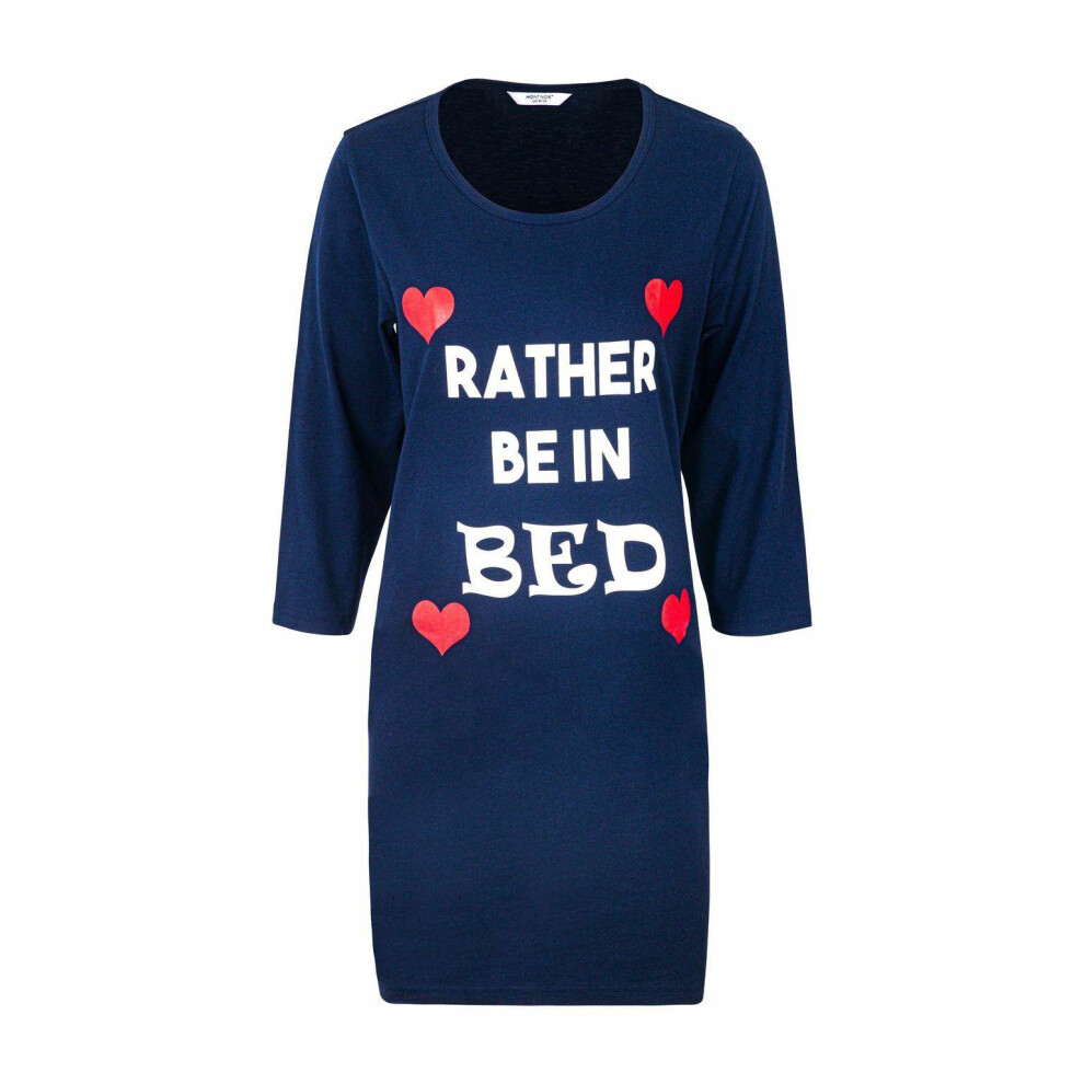 (Navy - Long Sleeve - Rather be in Bed, Small - UK 8 / 10) Women Nightdress Nightie Ladies Printed Nightwear