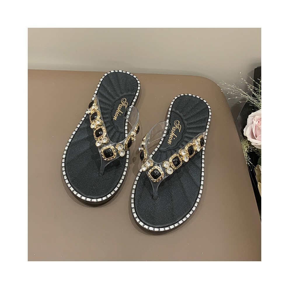 (Black, 40) Chic Casual Flip Flops For Women Ideal For Summer Beach Wear Comfortable Nonslip Pu Sandals In Gold And Black