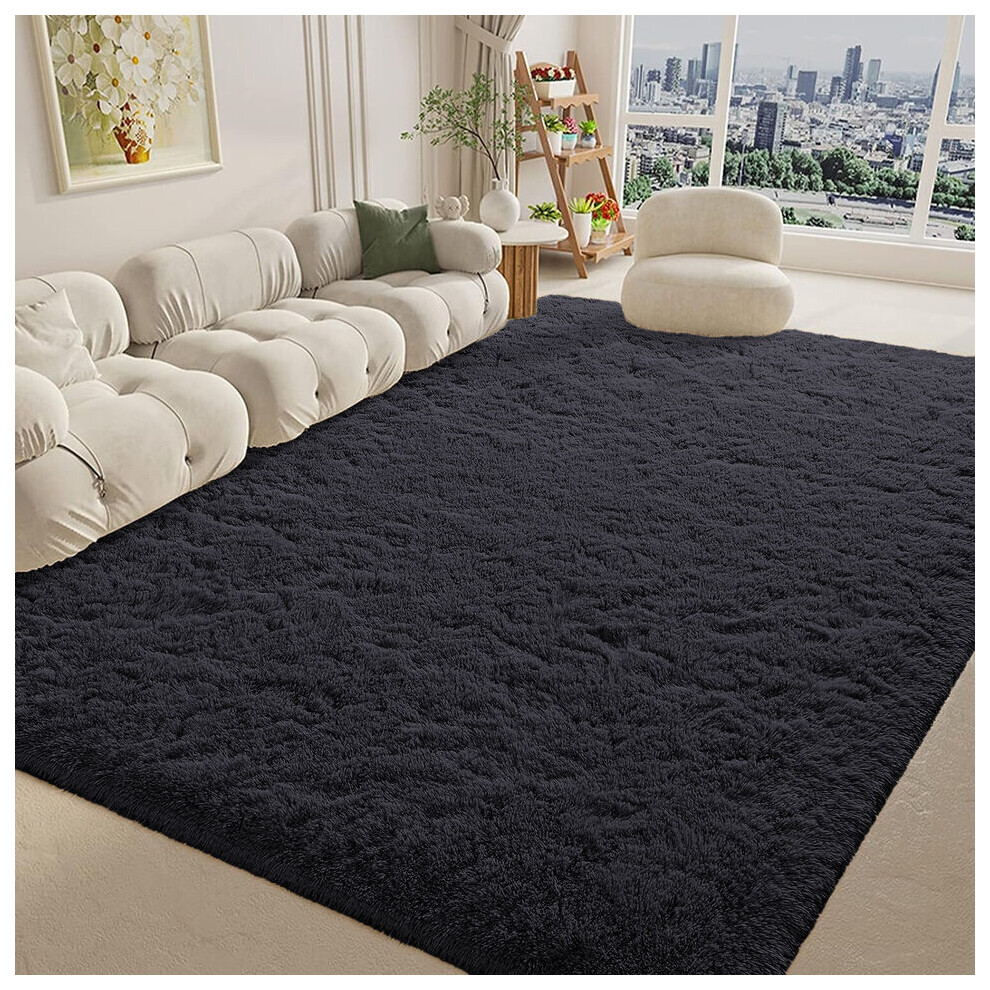 (160 x 230 cm (5ft 3in x 7ft 6in), Black) Xtra Large Area Rugs Nonslip Soft Shaggy Fluffy Rug Livingroom Bedroom Lounge Carpets