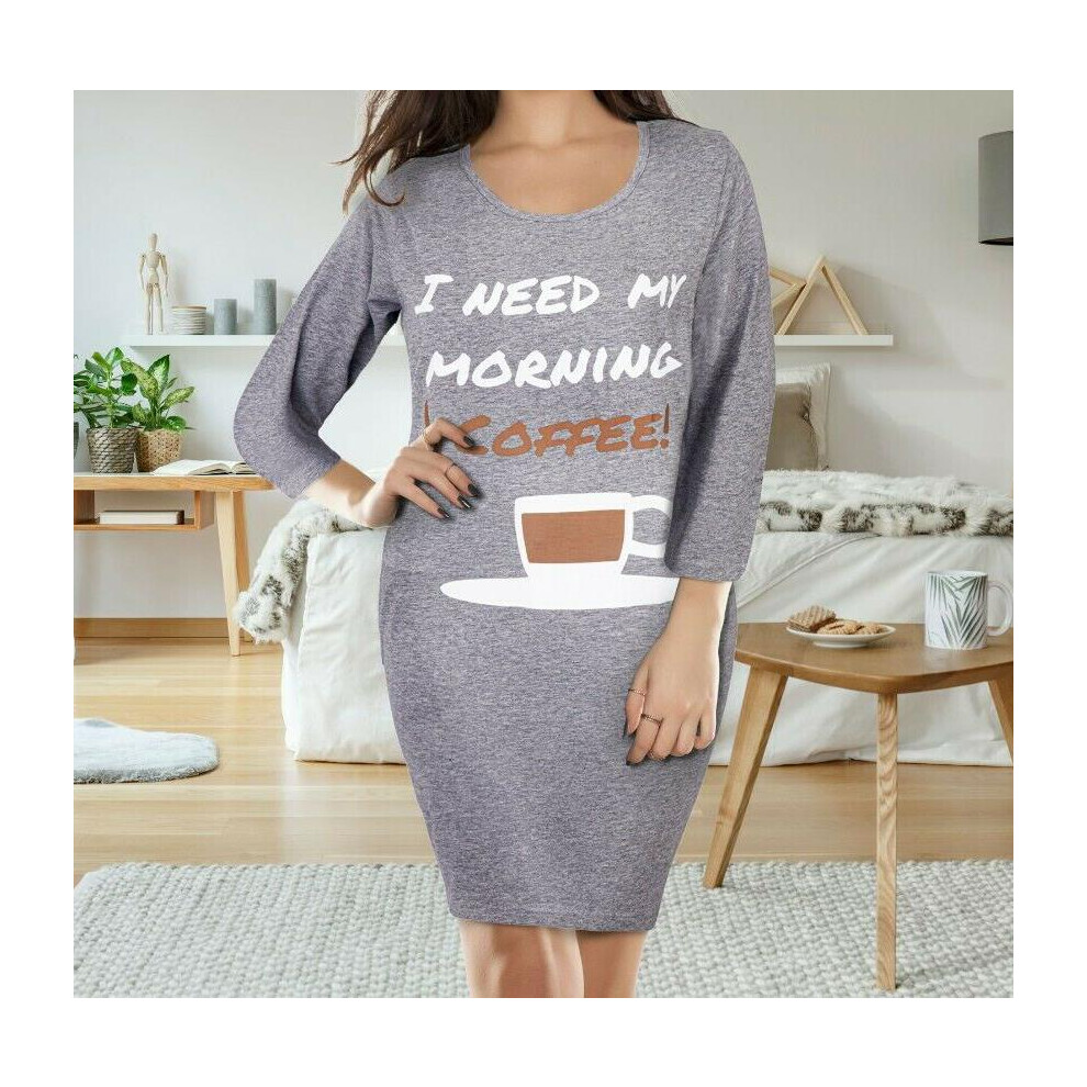 (Grey - Long Sleeve -  I need my Morning, Small - UK 8 / 10) Women Nightdress Nightie Ladies Printed Nightwear