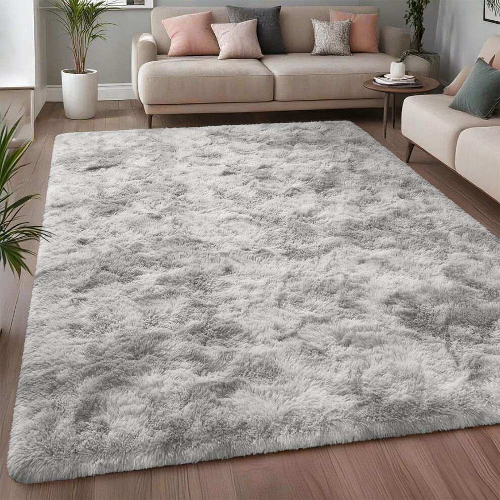 (160 x 230 cm (5ft 3in x 7ft 6in), Silver Light Grey Tye Dye) Xtra Large Area Rugs Nonslip Soft Shaggy Fluffy Rug Livingroom Bedroom Lounge Carpets