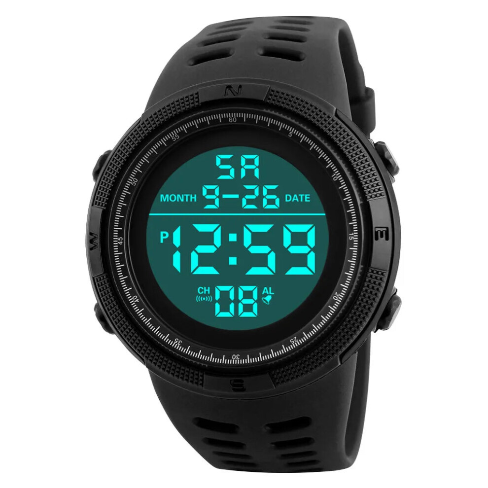 (Black) Digital Mens Watch Military Sports Multifunction Waterproof