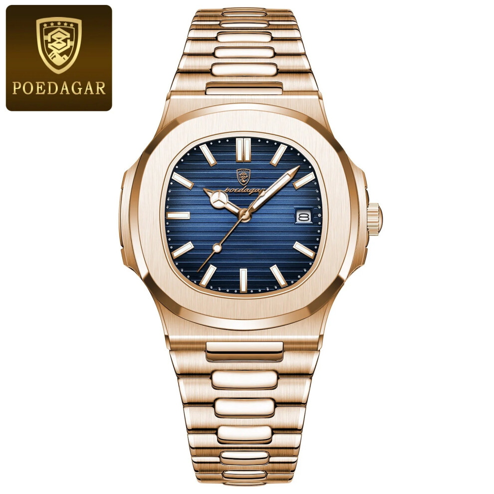 (Rose Gold Blue S) Stainless Steel Quartz Mens Square Watch Waterproof Luminous Date