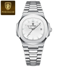 (Silver White S) Stainless Steel Quartz Mens Square Watch Waterproof Luminous Date