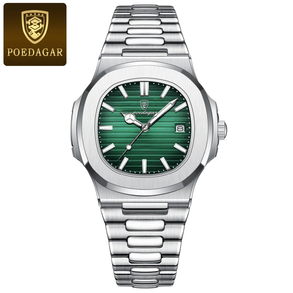 Photos - Wrist Watch Poedagar  Stainless Steel Quartz Mens Square Watch Waterproof Luminous Date (Silver Green S)