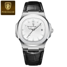 (Silver White L) Stainless Steel Quartz Mens Square Watch Waterproof Luminous Date