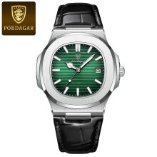 (Silver Green L) Stainless Steel Quartz Mens Square Watch Waterproof Luminous Date