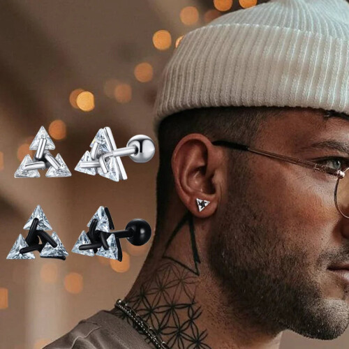 (1 pair ES326S) Mens Stud Earring Triangle Pierced Crystal Zircon Stud Earrings 1