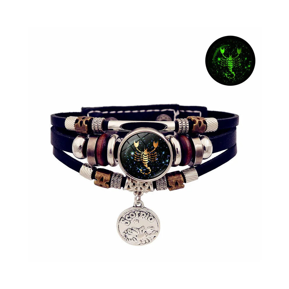 (Scorpius) Luminous 12 Constellation Vintage Leather Bracelet for Men Women-image-OPC-PFDWSHT-NEW