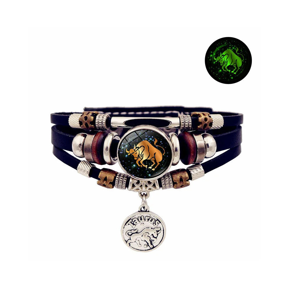 (Taurus) Luminous 12 Constellation Vintage Leather Bracelet for Men Women